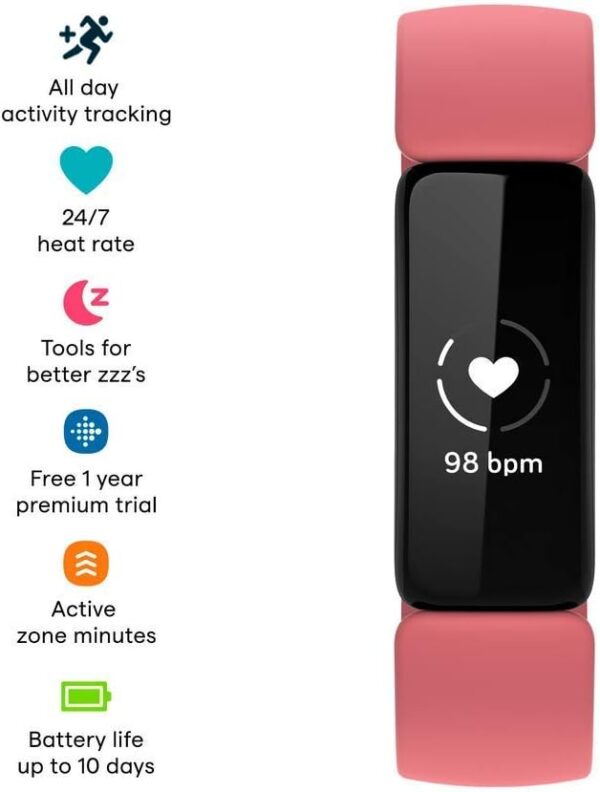 Fitbit Inspire 2 Health & Fitness Tracker with a Free 1-Year Premium Trial, 24/7 Heart Rate, Black/Rose, One Size (S & L Bands Included) (Renewed) - Image 2