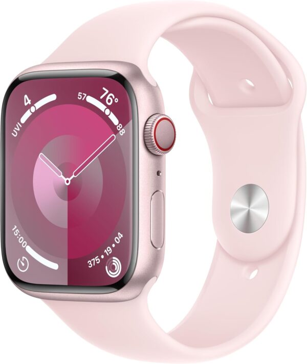 Apple Watch Series 9 [GPS + Cellular 45mm] Smartwatch with Pink Aluminum Case with Pink Sport Band S/M. Fitness Tracker, Blood Oxygen & ECG Apps, Always-On Retina Display