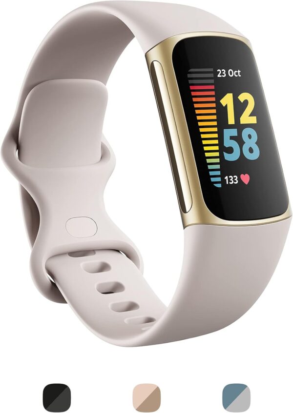 Fitbit Charge 5 Advanced Health & Fitness Tracker with Built-in GPS, Stress Management Tools, Sleep Tracking, 24/7 Heart Rate and More, Lunar White/Soft Gold, One Size (S &L Bands Included)