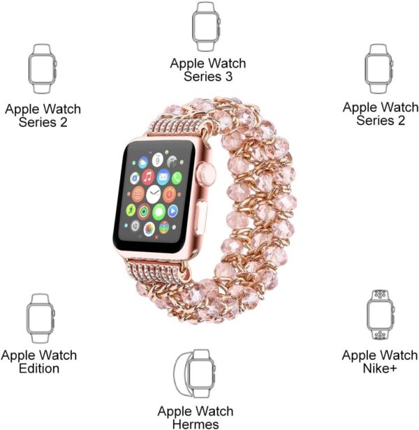 Glitter Beaded Bracelet Compatible for Apple Watch Women Clear 38mm 40mm 41mm 42mm 44mm 45mm 49mm Band,Fohuas Crystal Pearl Bangle for iWatch Ultra Series SE 9 8 7 6 5 4 3 2 1 Metal Pink Elastic Jewelry Strap for iphone watch Starlight Silver Black Gold Rose Gold - Image 6