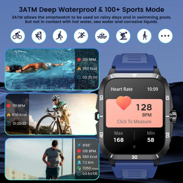 Smartwatch for Men Fitness Smart Watch: 2.0 inch Blue Watch with Bluetooth Call Answer - Android iOS Compatible Military 3ATM Waterproof 100+ Sports Digital Activity Tracker Heart Rate Sleep Monitor - Image 5