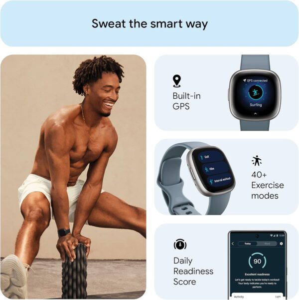 Fitbit Versa 4 Fitness Smartwatch with Daily Readiness, GPS, 24/7 Heart Rate, 40+ Exercise Modes, Sleep Tracking and more, Waterfall Blue/Platinum, One Size (S & L Bands Included) - Image 2