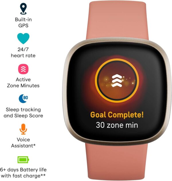 Fitbit Versa 3 Health & Fitness Smartwatch with GPS, 24/7 Heart Rate, Alexa Built-in, 6+ Days Battery, Pink/Gold, One Size (S & L Bands Included) - Image 2