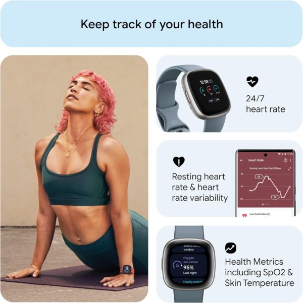 Fitbit Versa 4 Fitness Smartwatch with Daily Readiness, GPS, 24/7 Heart Rate, 40+ Exercise Modes, Sleep Tracking and more, Waterfall Blue/Platinum, One Size (S & L Bands Included) - Image 4