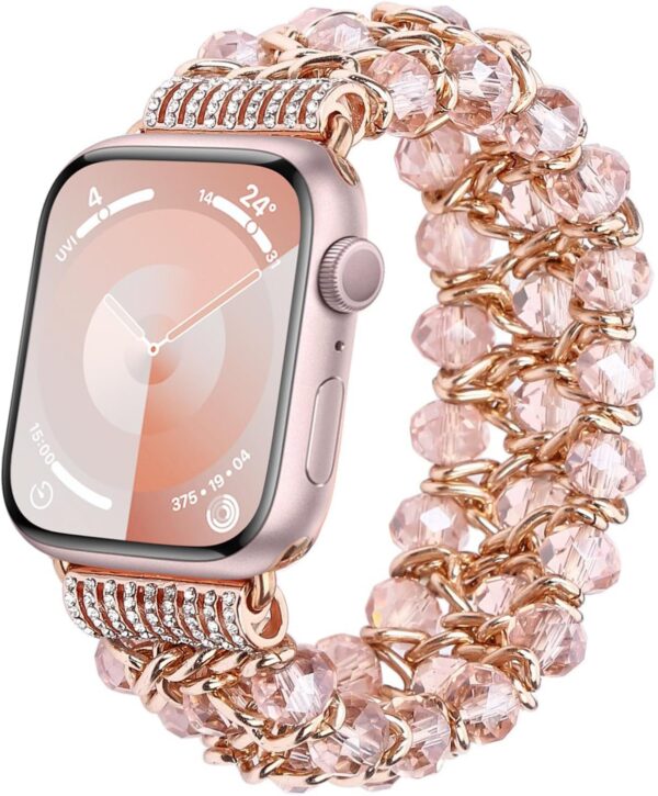 Glitter Beaded Bracelet Compatible for Apple Watch Women Clear 38mm 40mm 41mm 42mm 44mm 45mm 49mm Band,Fohuas Crystal Pearl Bangle for iWatch Ultra Series SE 9 8 7 6 5 4 3 2 1 Metal Pink Elastic Jewelry Strap for iphone watch Starlight Silver Black Gold Rose Gold