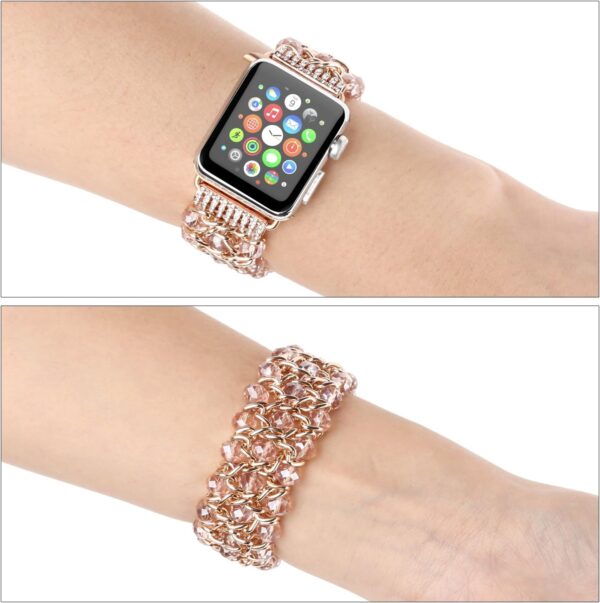 Glitter Beaded Bracelet Compatible for Apple Watch Women Clear 38mm 40mm 41mm 42mm 44mm 45mm 49mm Band,Fohuas Crystal Pearl Bangle for iWatch Ultra Series SE 9 8 7 6 5 4 3 2 1 Metal Pink Elastic Jewelry Strap for iphone watch Starlight Silver Black Gold Rose Gold - Image 3