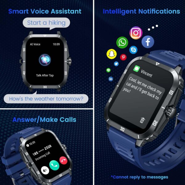 Smartwatch for Men Fitness Smart Watch: 2.0 inch Blue Watch with Bluetooth Call Answer - Android iOS Compatible Military 3ATM Waterproof 100+ Sports Digital Activity Tracker Heart Rate Sleep Monitor - Image 3