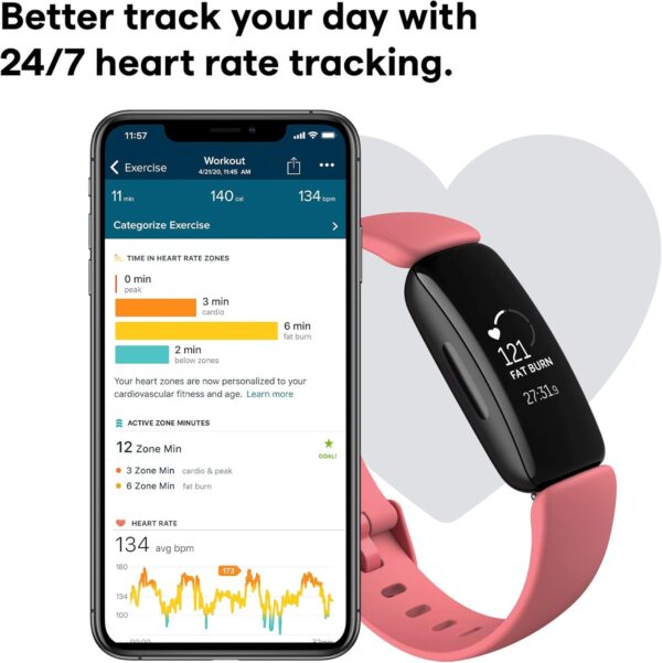 Fitbit Inspire 2 Health & Fitness Tracker with a Free 1-Year Premium Trial, 24/7 Heart Rate, Black/Rose, One Size (S & L Bands Included) (Renewed) - Image 3