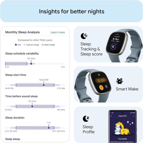 Fitbit Versa 4 Fitness Smartwatch with Daily Readiness, GPS, 24/7 Heart Rate, 40+ Exercise Modes, Sleep Tracking and more, Waterfall Blue/Platinum, One Size (S & L Bands Included) - Image 3