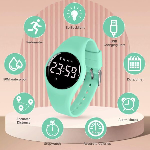 Kids Watch, Digital Watch for Girls Boys, Sport Watch with Alarm Clock, Stopwatch, Waterproof Fitness Tracker with No App for Ages 5-12 Children (YB-Green) - Image 2