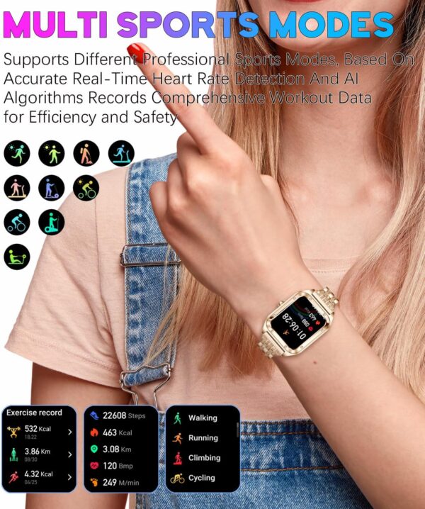 Smart Watch for Women, 1.59\'\' Full Touch Women\'s Smartwatch with Female Health Tracking, Fitness Tracker Heart Rate Monitor, Waterproof Sports Smartwatch for Android iOS (Gold Steel RT-i98) - Image 5