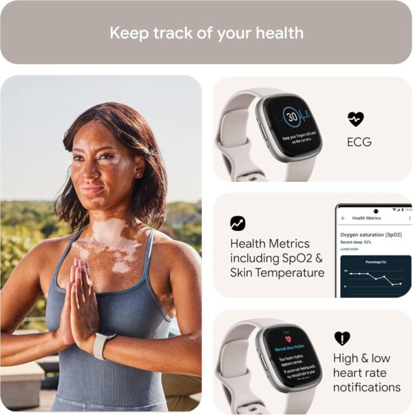 Fitbit Sense 2 Advanced Health and Fitness Smartwatch with Tools to Manage Stress and Sleep, ECG App, SpO2, 24/7 Heart Rate and GPS, Lunar White/Platinum, One Size (S & L Bands Included) - Image 3