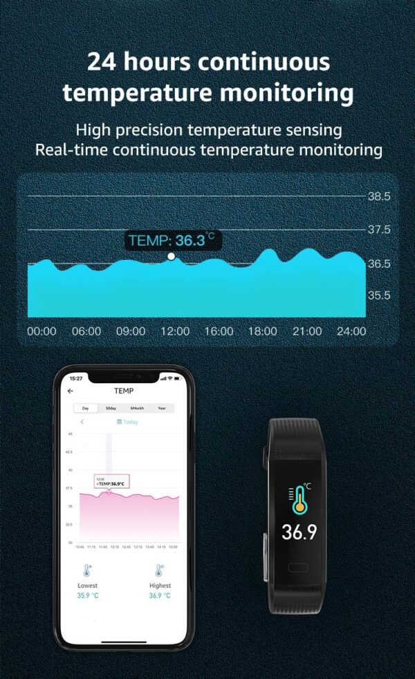 Fitness Tracker with Body Temperature Heart Rate Sleep Monitor, IP68 Waterproof, 16 Sport Modes for iPhone & Android Phones Man Women (Black) - Image 2